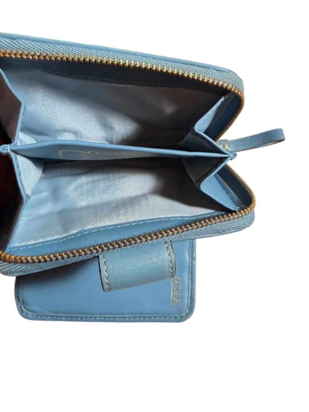 Coach Khaki Signature Blue Strim Leather Zip-Around Credit Card Wallet - Picture 11 of 13